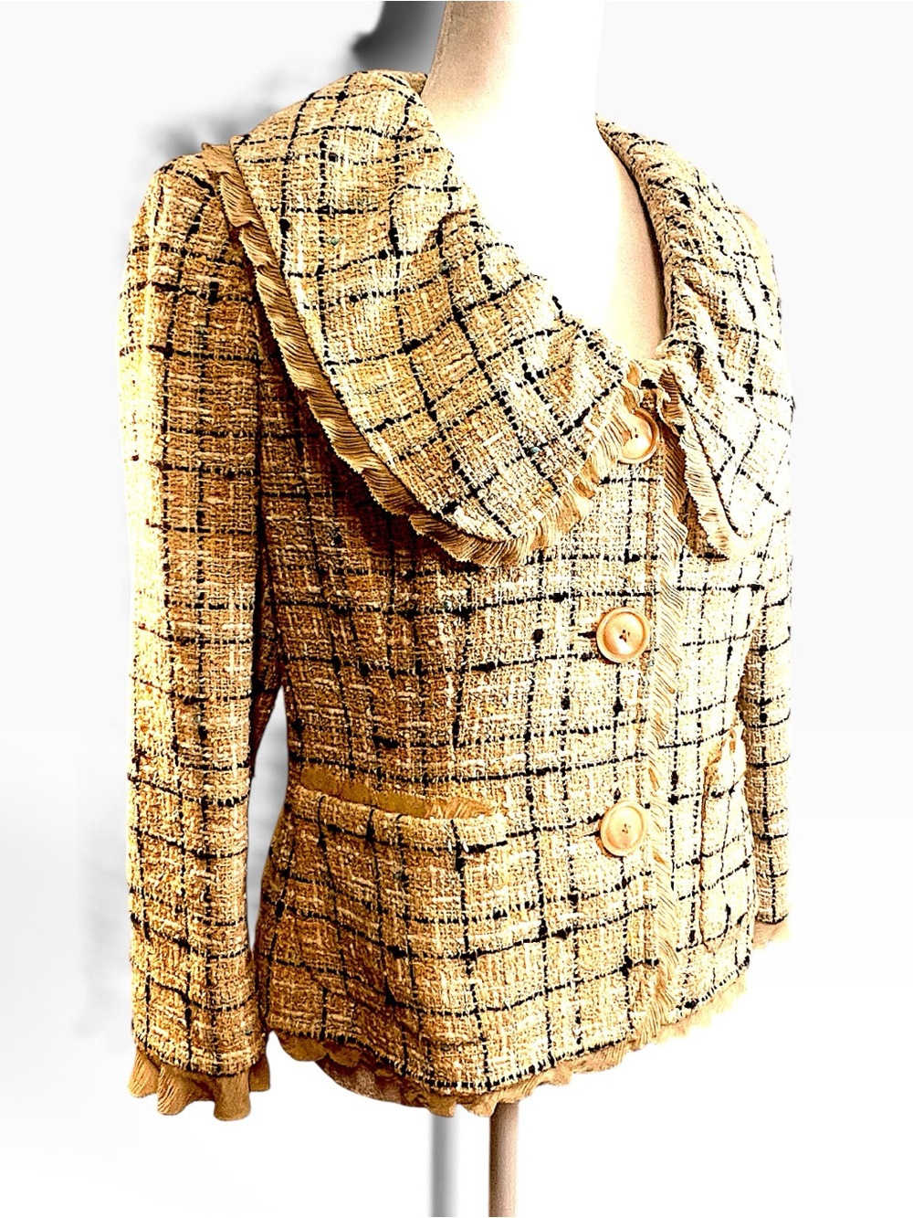 ELLEN TRACY VTG Beige Plaid Fringe Trim Round Scoop Neck Tweed Blazer SZ 10P